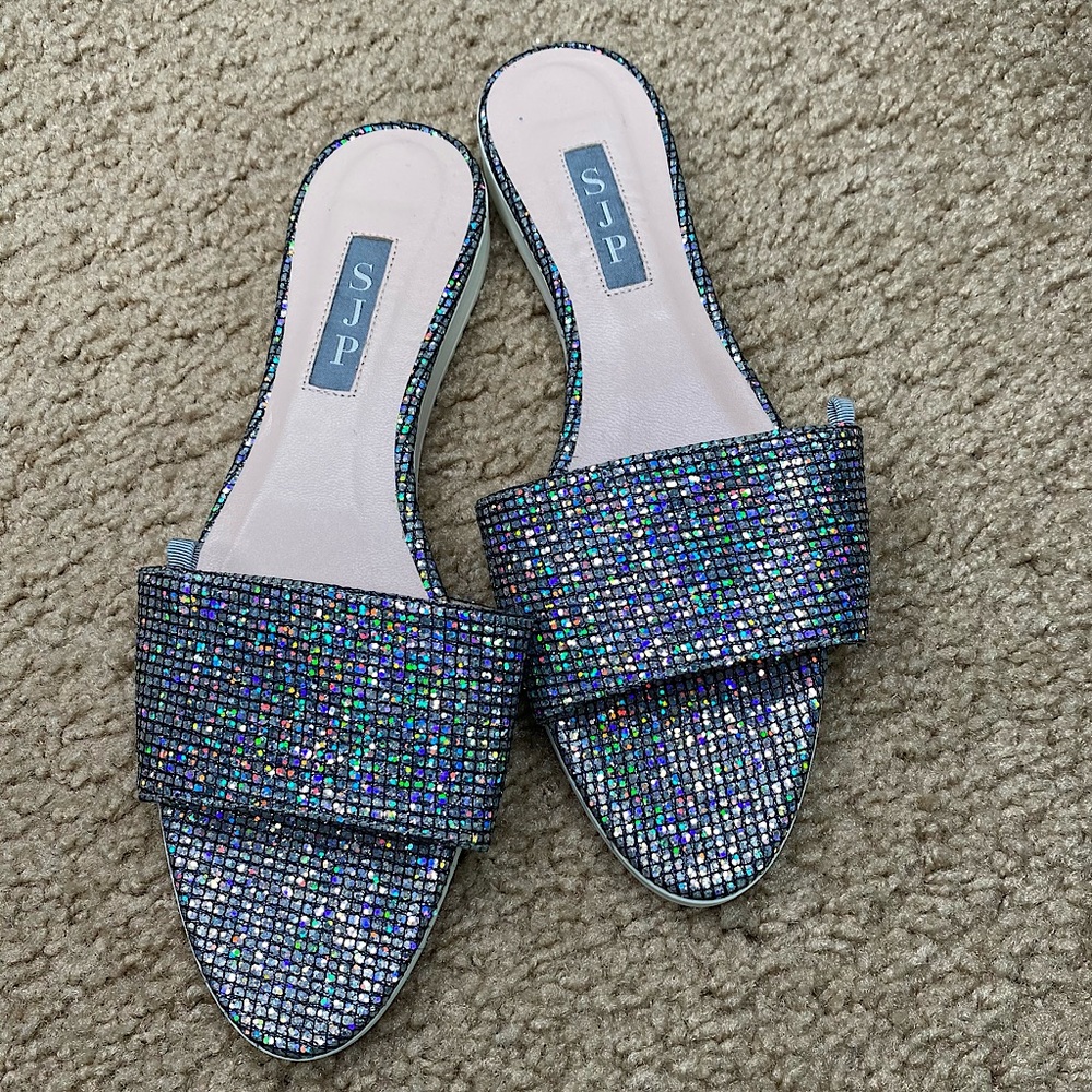 SJP by Sarah Jessica Parker Silver Women's Tropez Glitter Slide Sandals 37(7) - Picture 1 of 8